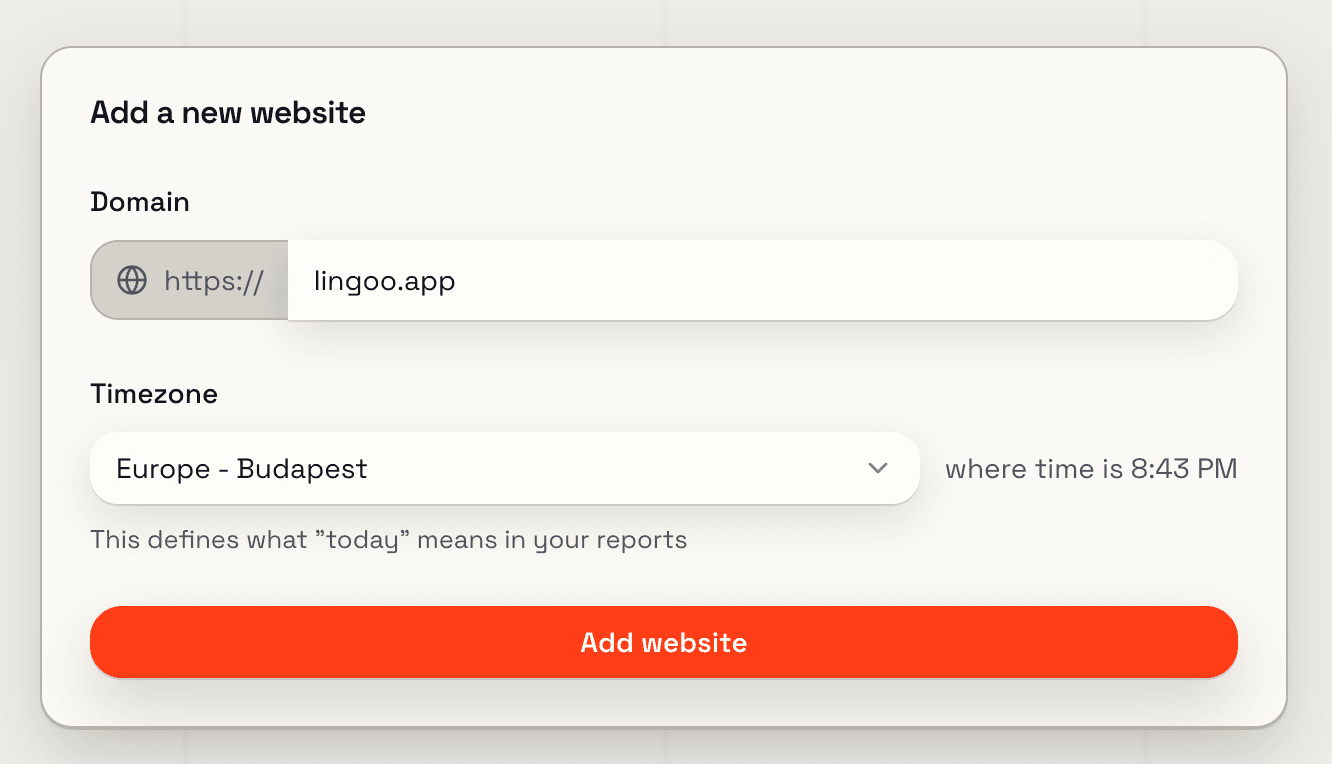 Add a new website form filled for the new tracked site