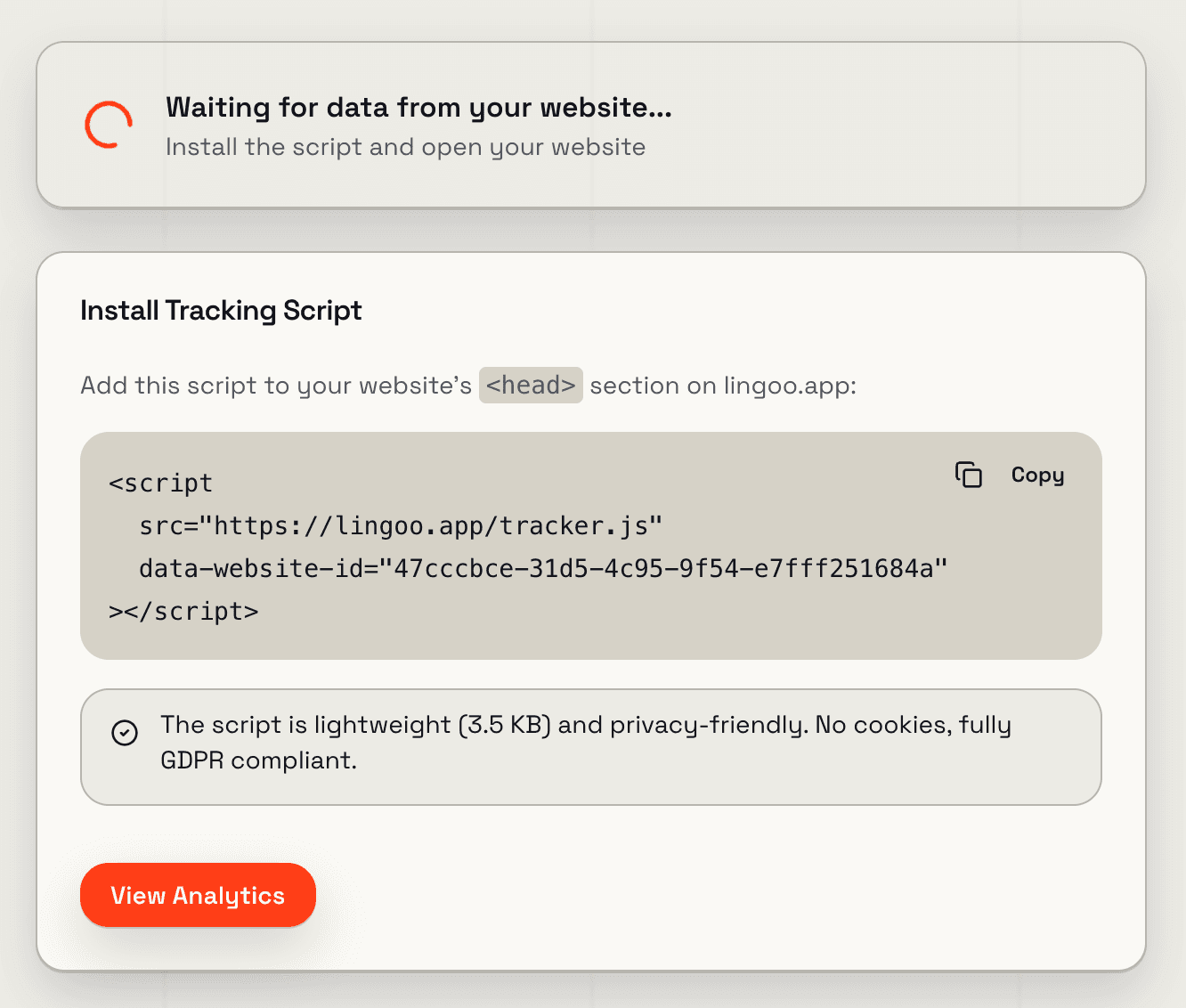 Install tracking script panel with generated website ID